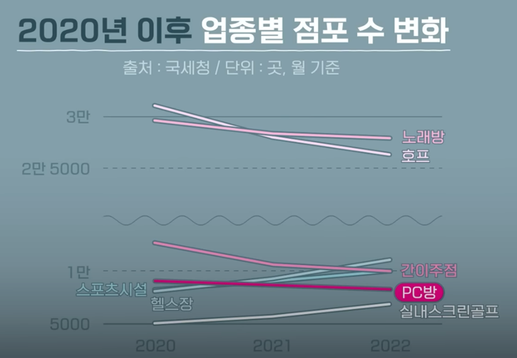 ▲ 2020년 이후 업종별 점포 수 변화  (출처:국세청) 